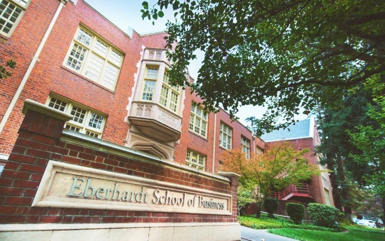 Looking at the sign of Eberhardt School of Business with the school in the background