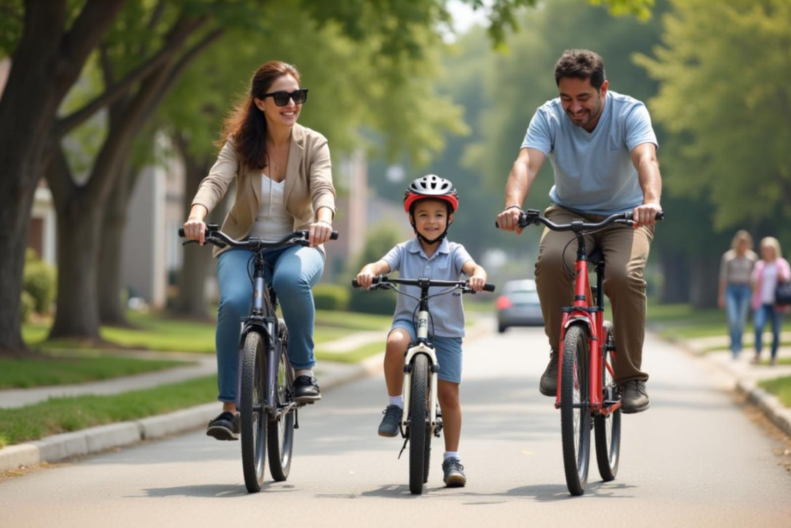 a family riding bikes together down the street