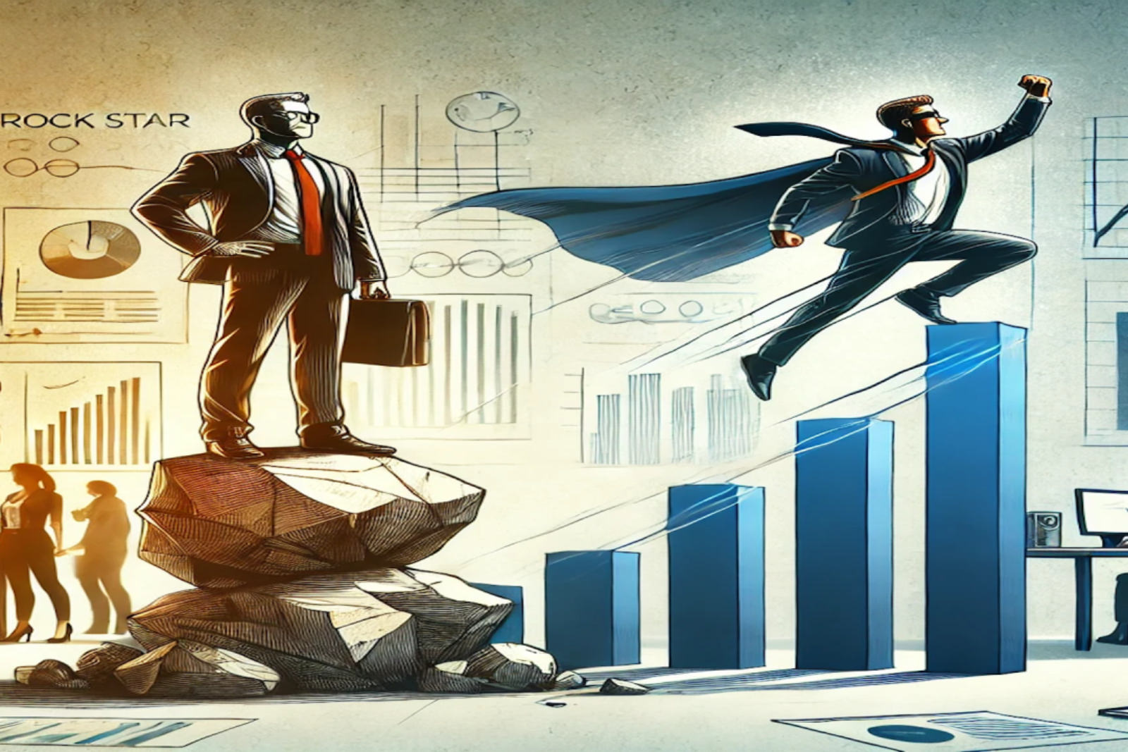 a businessman standing on a rock and a businessman wearing a cape flying up a bar graph
