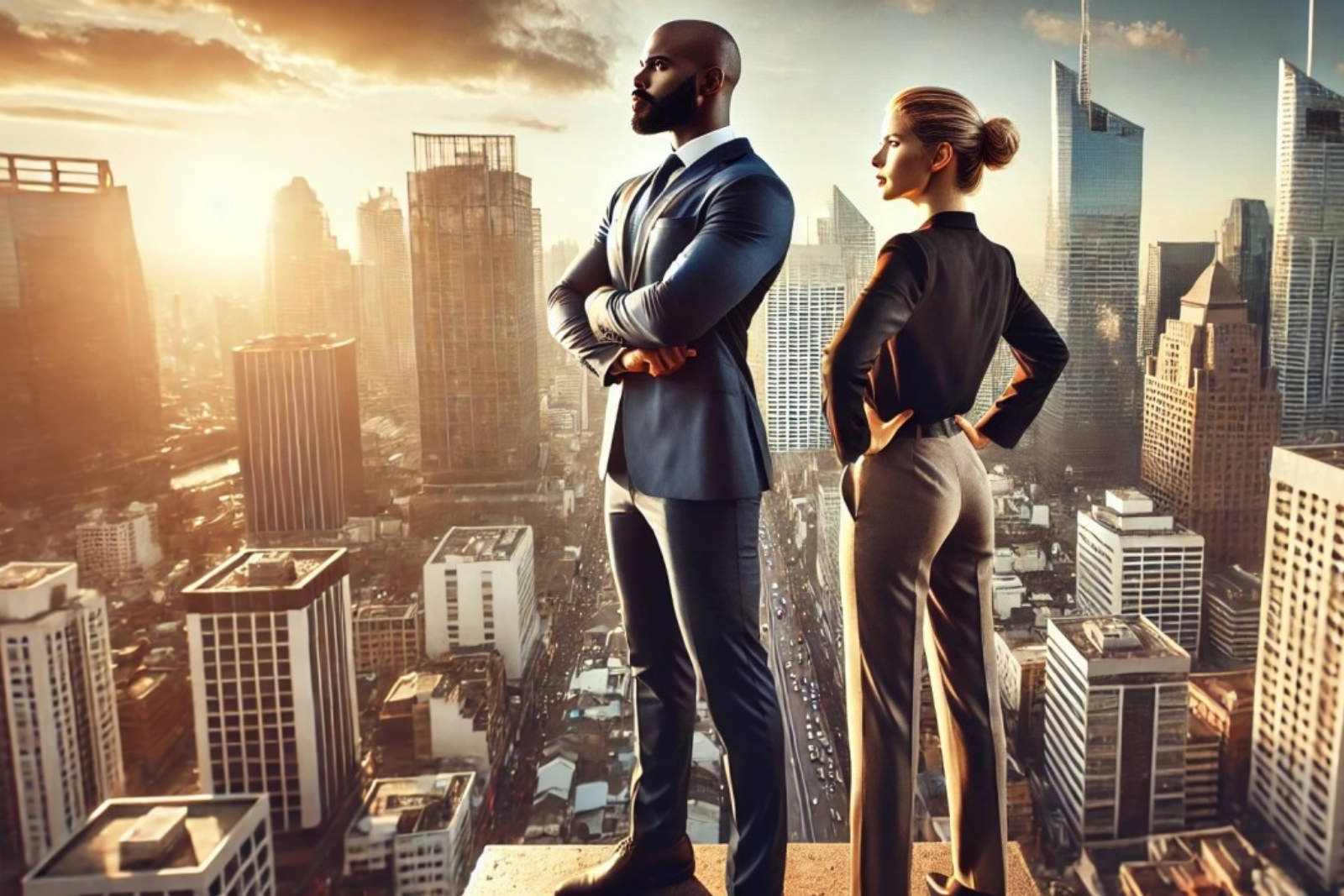 a man and woman standing on top of a building overlooking a city
