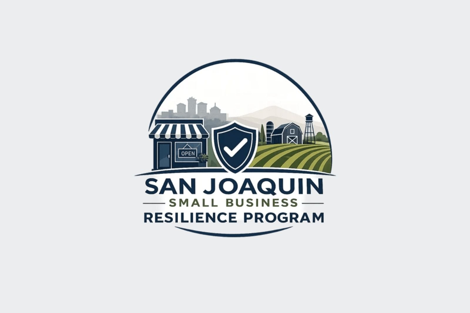 A cartoon drawing of a business in San Joaquin County with San Joaquin Small Business Resilience Program written underneath