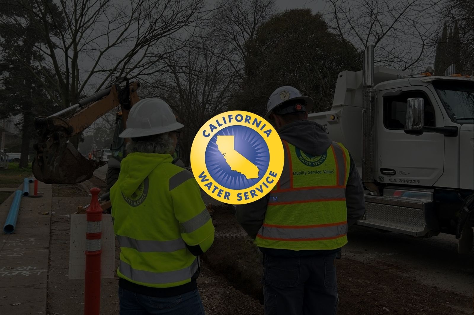 Cal Water crew working on a jobsite with the Cal Water logo on top of the image